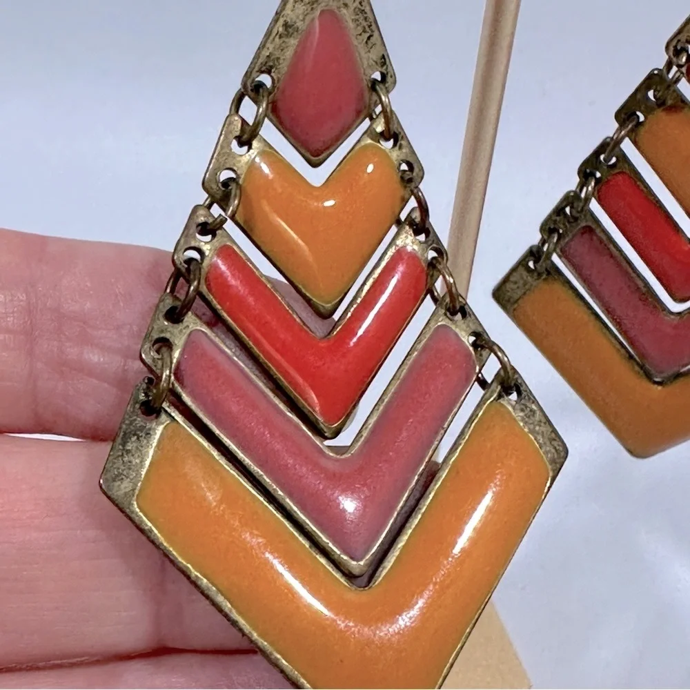 Vintage Enamel Geometric Chevron Dangle Earrings Red Pink Orange